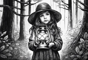 A small girl holding a lantern in a dark forest tattoo idea