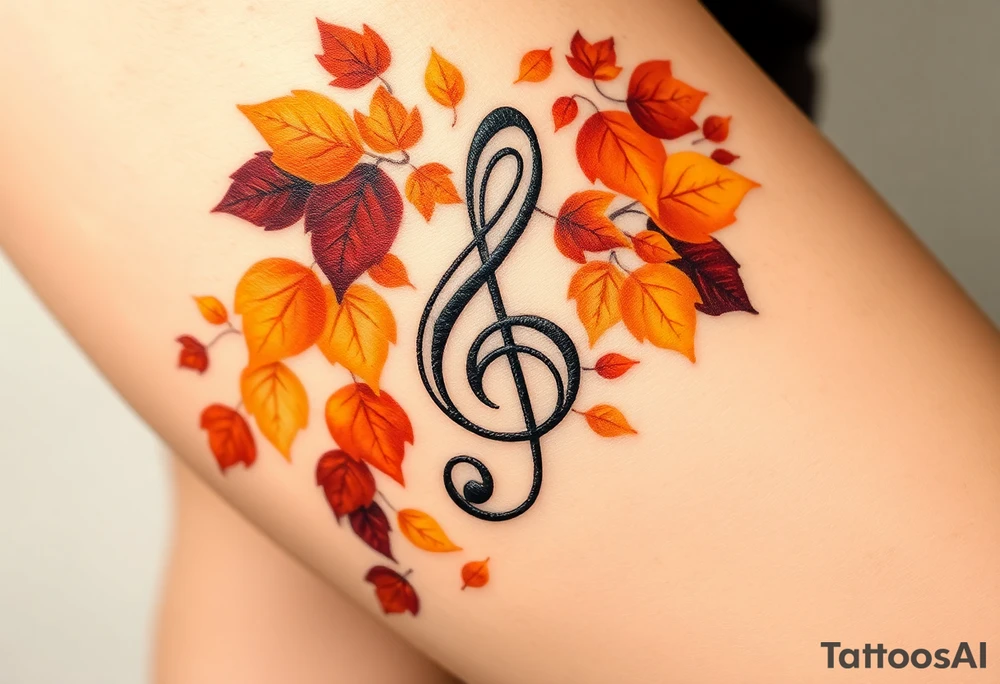 A treble clef surrounded by a cascade of falling autumn leaves, in shades of gold, orange, and deep burgundy, evoking a sense of change and movement tattoo idea