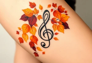 A treble clef surrounded by a cascade of falling autumn leaves, in shades of gold, orange, and deep burgundy, evoking a sense of change and movement tattoo idea