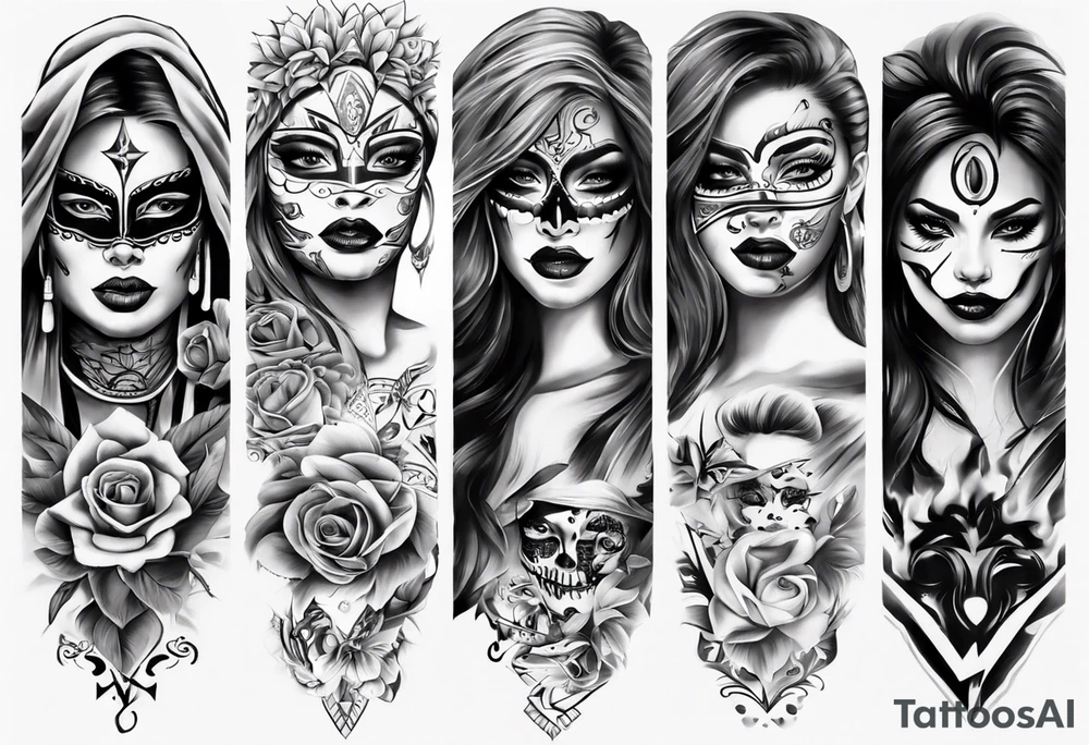 realistic chicano arm sleeve
masks women faces tattoo idea