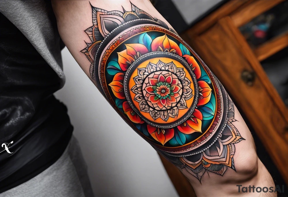 male mandala Knee tattoo in fall colors tattoo idea