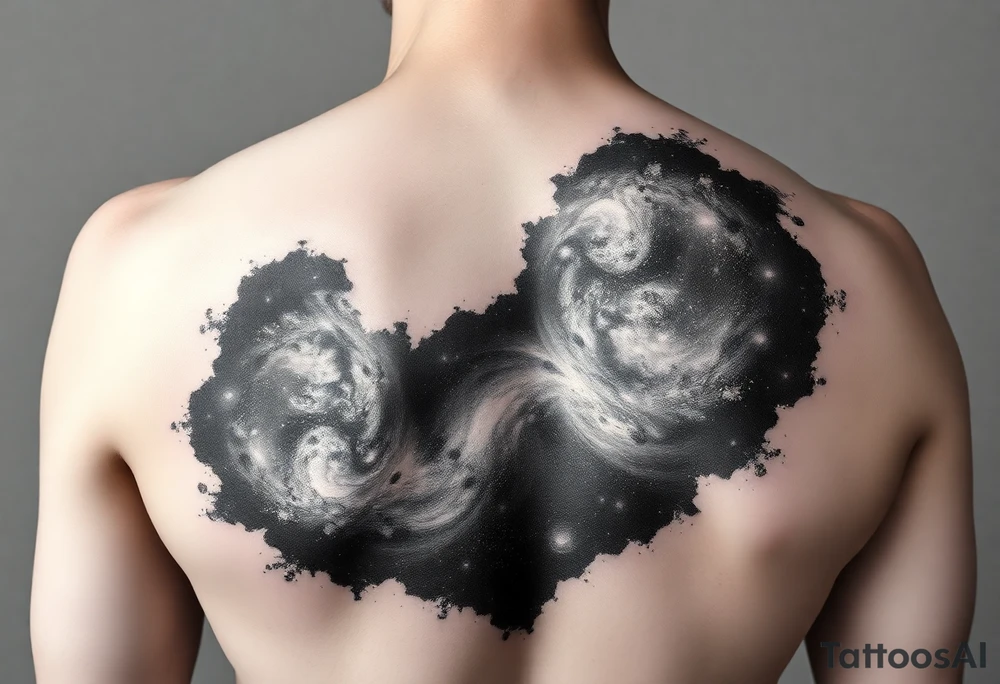 Beautiful and epic 3d milky way that appears to be what is beneath the skin. Make it drape over the shoulder and move to the middle back. use negative spaces to create stars and dust. Incorporate God breathing life into the universe. IKeep it symmetrical tattoo idea