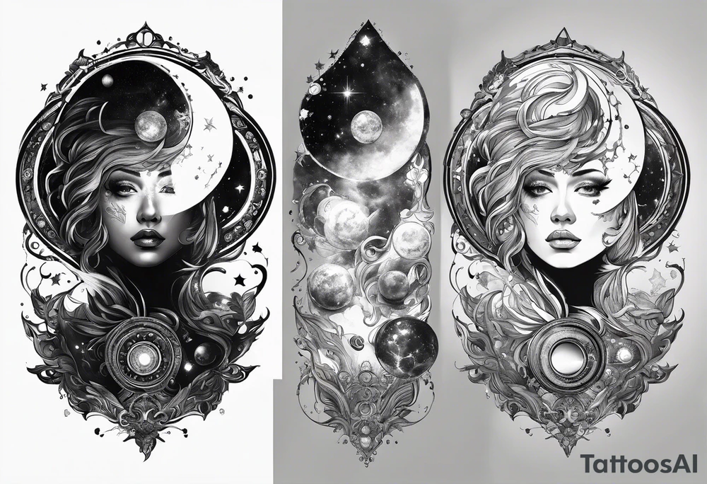 A tekno raver whose face is a mirror reflecting a cosmic scene with planets, black holes, and supernovae. tattoo idea