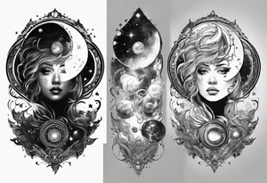 A tekno raver whose face is a mirror reflecting a cosmic scene with planets, black holes, and supernovae. tattoo idea