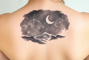 Night sky with constellation, stars  & moon seen from a frame of natural landscape tattoo idea