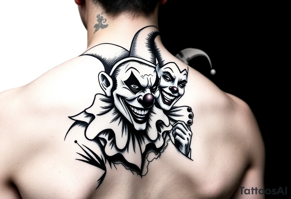 jester clown behind female jester making her smile tattoo idea