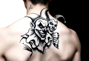 jester clown behind female jester making her smile tattoo idea