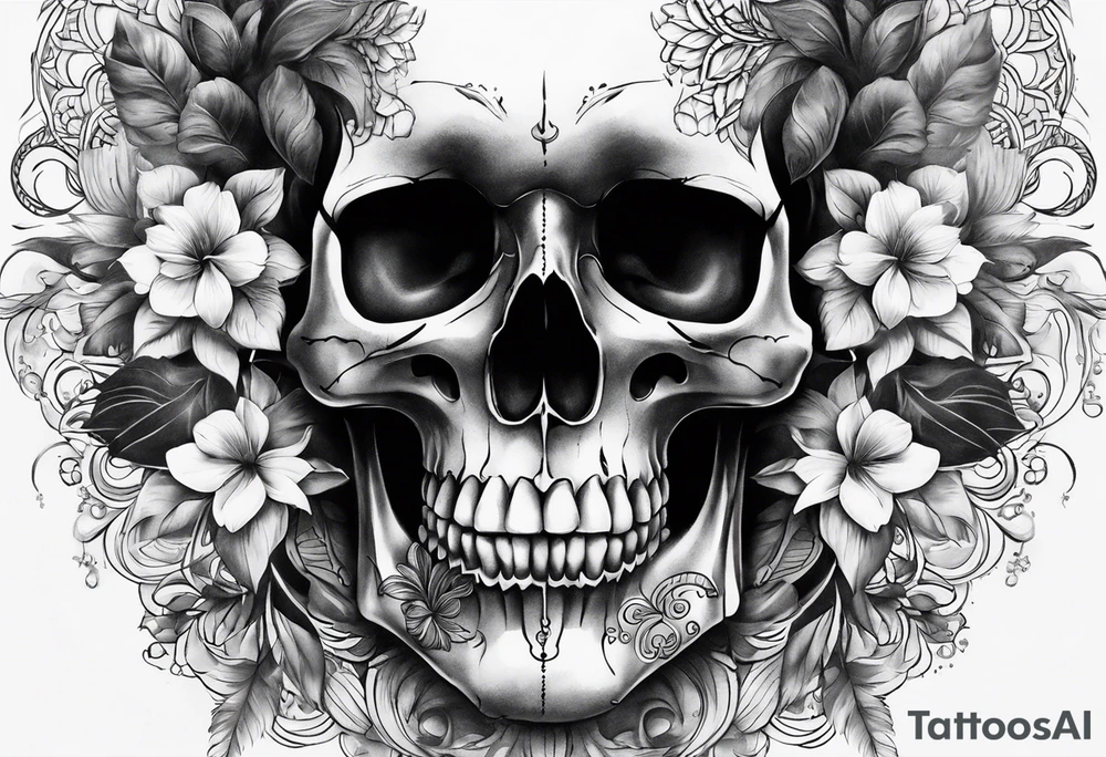 Draw me a realistic skull with black smoke out of his mouth add some flowers underneath with some mandalas at the bottom tattoo idea