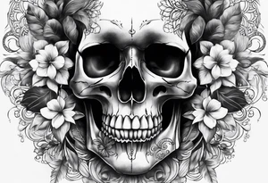Draw me a realistic skull with black smoke out of his mouth add some flowers underneath with some mandalas at the bottom tattoo idea