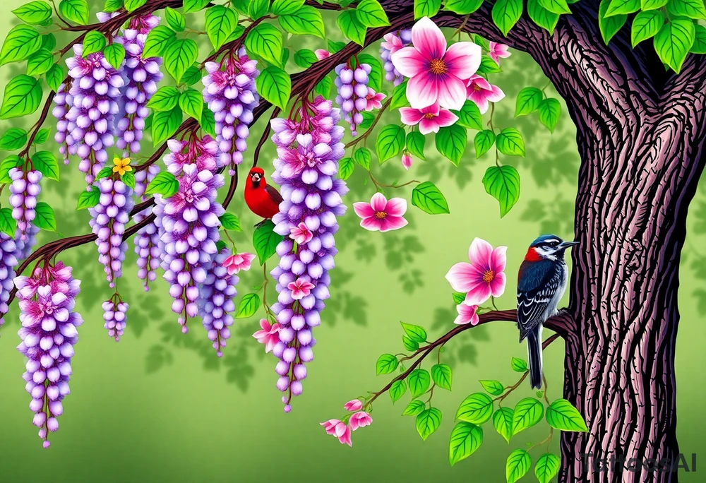 The American wisteria tree gracefully drapes its cascading clusters of soft lavender flowers, twisting around sturdy branches with delicate, vine-like tendrils, while its lush green foliage creates a dreamy, whimsical canopy. Nearby, an Eastern redbud bursts with vibrant pink blossoms, its heart-shaped leaves beginning to unfurl, adding a striking contrast against the deep, twisting bark of its slender trunk. Among the branches, a brilliant red cardinal perches proudly, an indigo bunting glows in a dazzling shade of blue against the floral backdrop, and a downy woodpecker clings to the textured bark, its black-and-white feathers speckled with hints of red as it pecks gently, completing the tranquil and picturesque woodland scene. tattoo idea