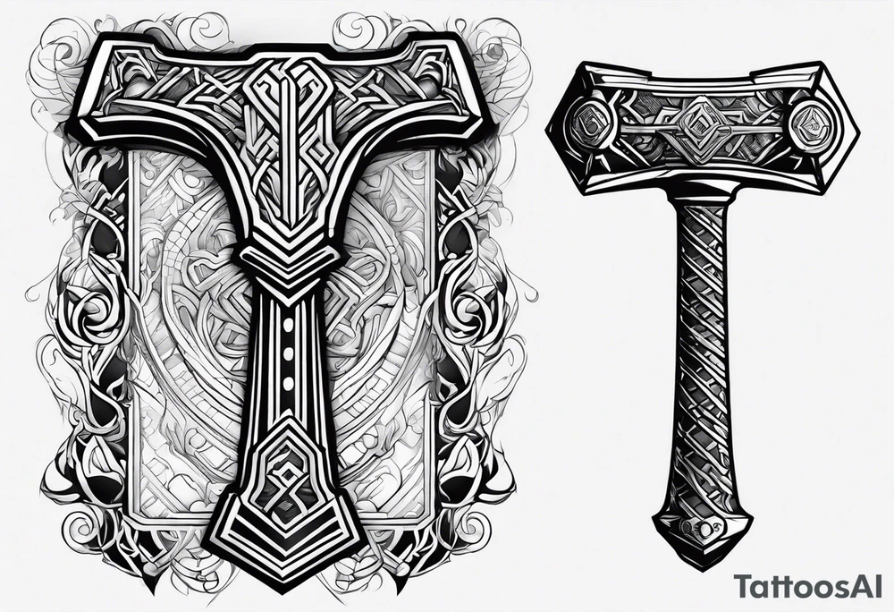 Design a powerful hammer tattoo inspired by Thor's Mjolnir. tattoo idea