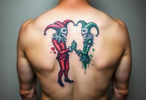 a toxic jester couple holding each other tattoo idea