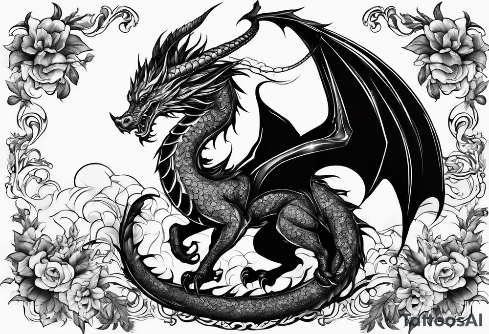 Drache mit Körper und mit Kirschblüten tattoo idea