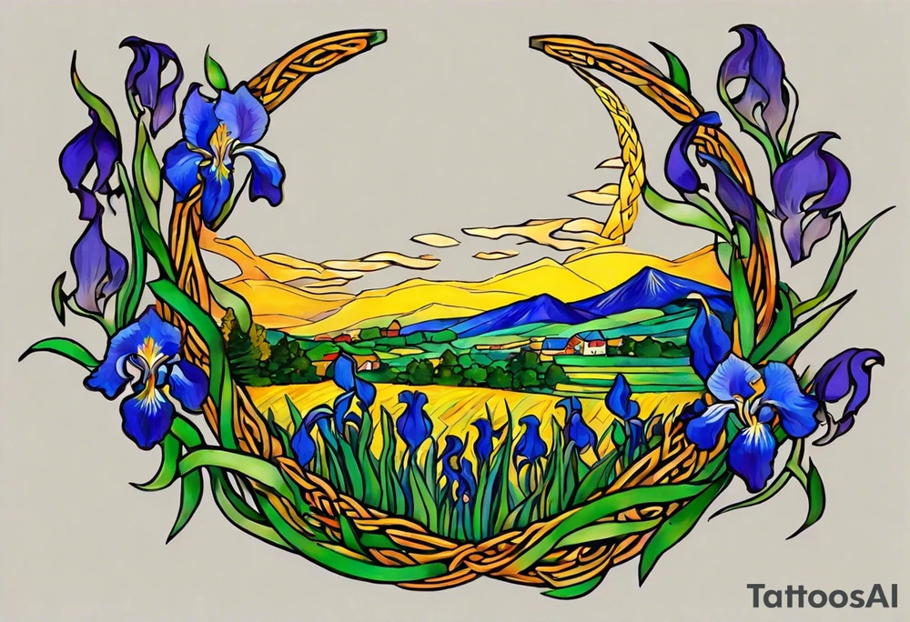 Create a small, colorful Vincent van Gogh Irises tattoo in the form of a crescent, with vines in Celtic knot style gracefully intertwining at a central point in the middle of the wreath. The intended placement is on the upper chest. The middle needs mountains. The overall design should be small in size while maintaining a delicate and artistic aesthetic. Pay attention to the graceful flow of the vines and the placement of the irises to achieve a refined and elegant look. tattoo idea