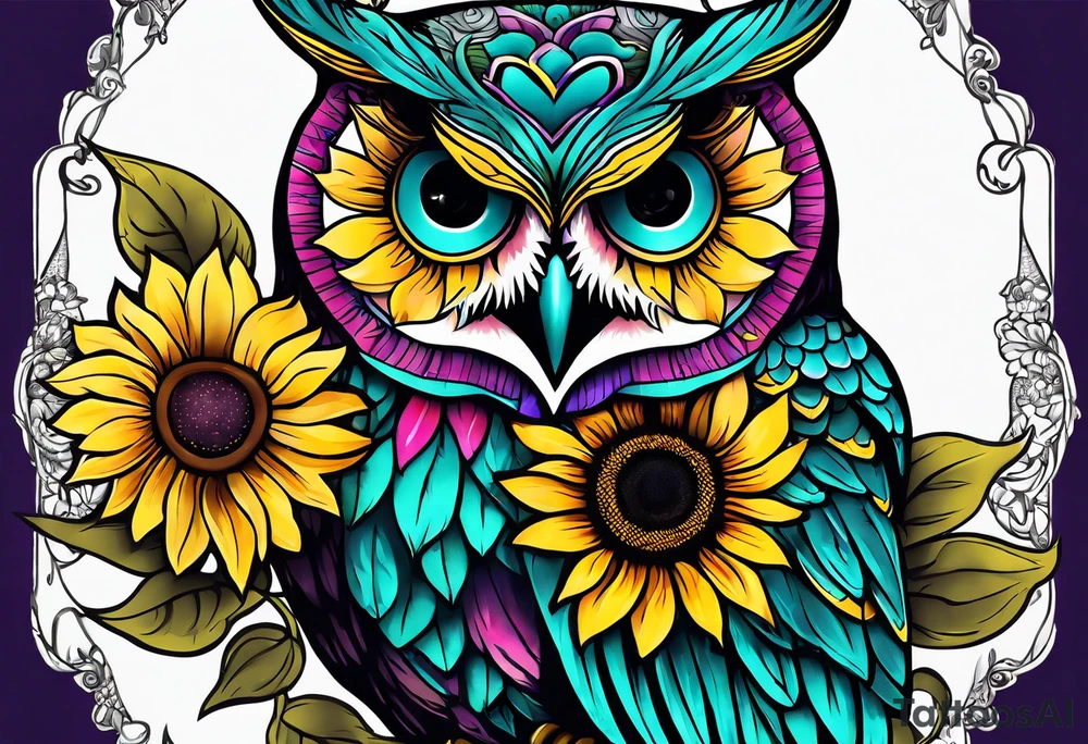 Leg Sleeve with teal, pink and purple owl and yellow sunflowers tattoo idea