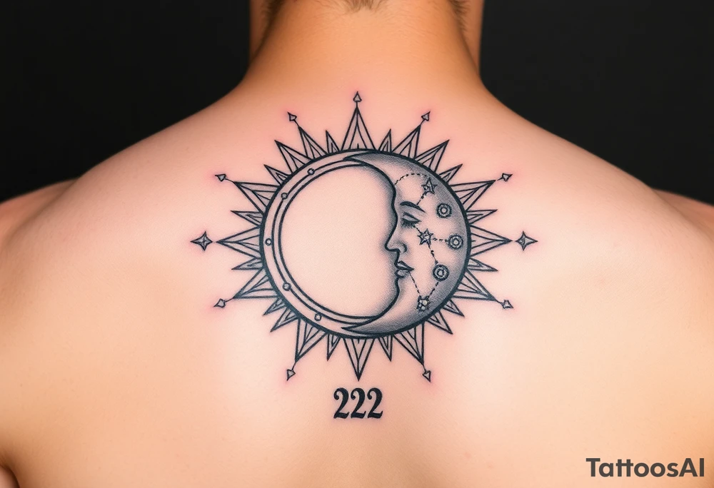 celestial sun and moon embrace with constellation patterns with number 222 tattoo idea celestial sun and moon embrace with constellation patterns with number 222 tattoo idea