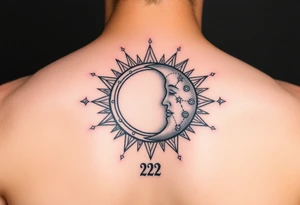 celestial sun and moon embrace with constellation patterns with number 222 tattoo idea