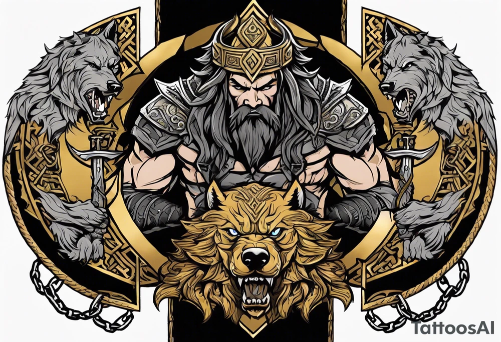 the norse symbol of Tyr, the god of war and order, with a full body figure of tyr in the middle of symbol. The right hand being bitten by a wolf bound in golden chains and the left hand holding a sword. tattoo idea