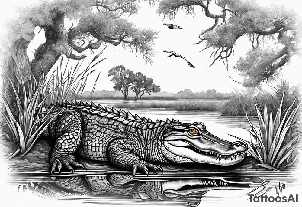 Scene live oak marsh birds alligator tattoo idea