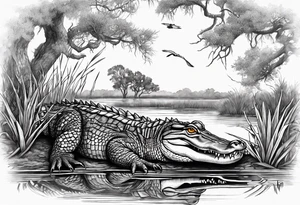 Scene live oak marsh birds alligator tattoo idea
