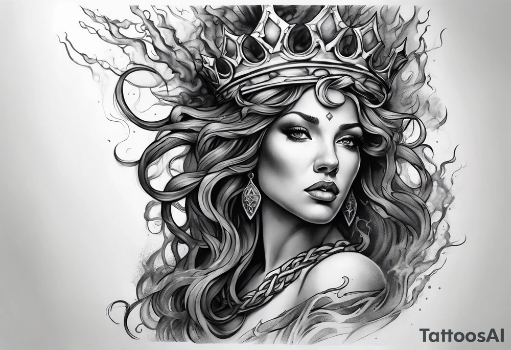 Medusa with a crown of thorns with smoke flowing through her tattoo idea