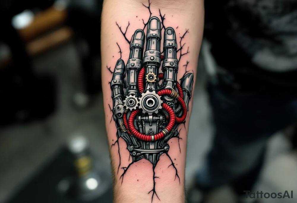 A biomechanical hand tattoo with silver gears and red hydraulic tubes woven through torn skin. tattoo idea