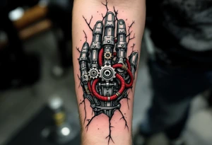 A biomechanical hand tattoo with silver gears and red hydraulic tubes woven through torn skin. tattoo idea