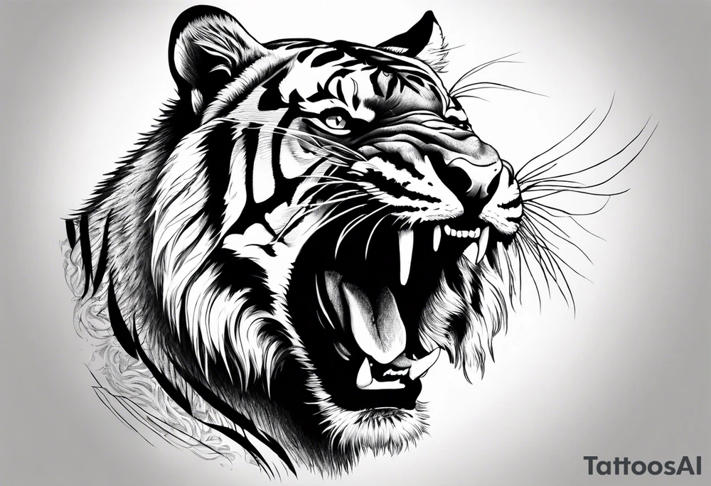 Photo Realism, highly detailed, Fierce tiger roaring tattoo idea