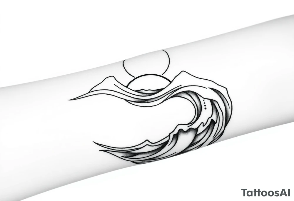 Wrap-around tattoo design on the forearm, black and white line art. Stylized calm sea with flowing waves wrapping around the arm, horizon line extending seamlessly. Above the horizon, a glowing sun or moon integrated into the circular flow, with subtle Norse runes (Algiz, Raido) hidden in the light. Balanced, elegant, marine and mythological atmosphere. Clean outlines, high contrast, stencil-ready for forearm tattoo. tattoo idea