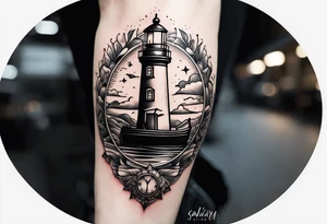 lighthouse shining light onto open book to wrap around forearm tattoo idea