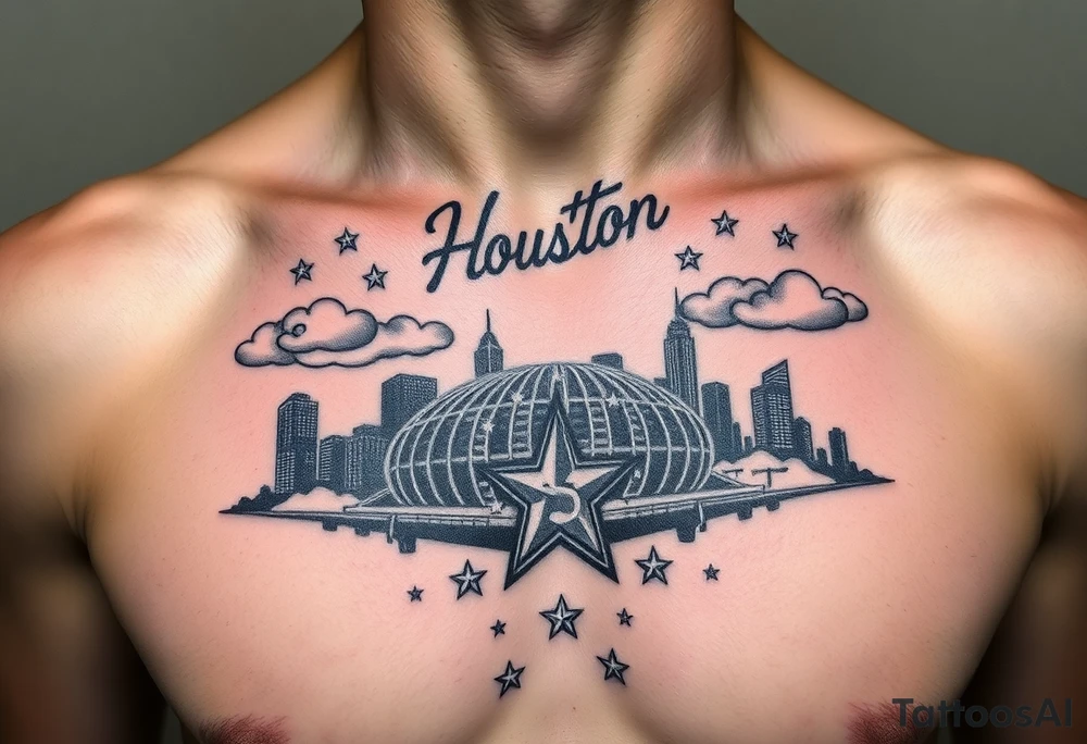 Houston texas skyline Behind houston astrodome, stars nighttime stars and clouds, Houston Astros cursive in sky, Houston Astros star on neck, Benjamin Franklin money roll space suit fill in smoke stars tattoo idea