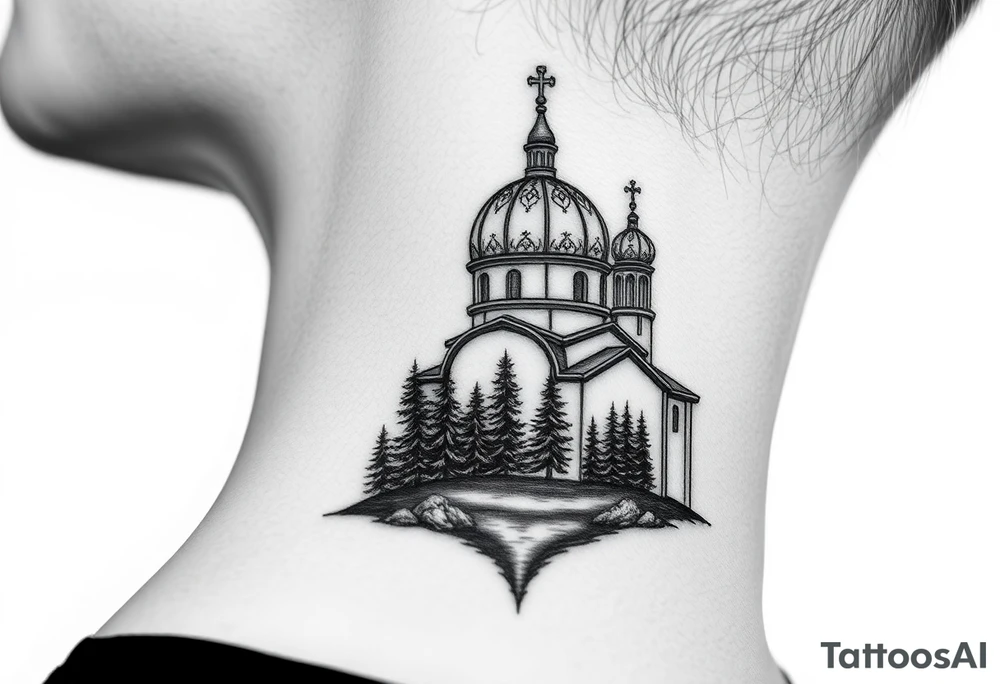 medium sized russian orthodox dome church with a visible virgin mary with a lake and pine trees tattoo idea