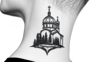 medium sized russian orthodox dome church with a visible virgin mary with a lake and pine trees tattoo idea