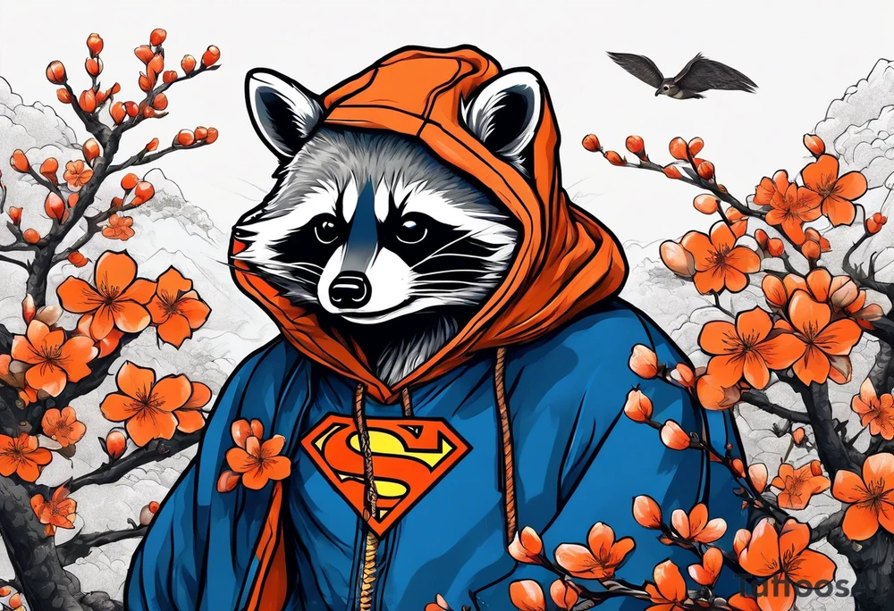 raccoon wearing a Superman hoodie with orange cherry blossoms tattoo idea