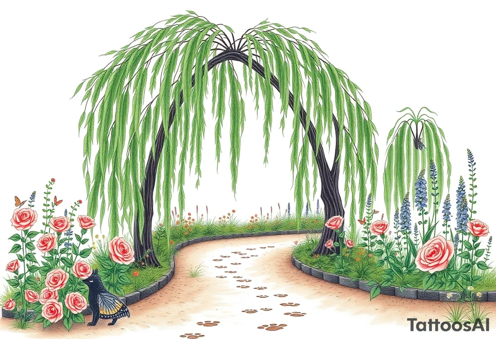 weeping willow garden with roses and liles flower beds. fantasy creatures, fairies, mermiads, dragons butterflies,  cat paw prints path in dirt. tattoo idea