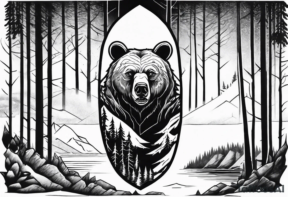 bear head right above the forest line with a lake below, full arm sleeve tattoo tattoo idea