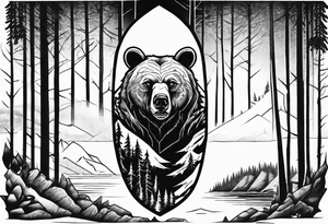 bear head right above the forest line with a lake below, full arm sleeve tattoo tattoo idea