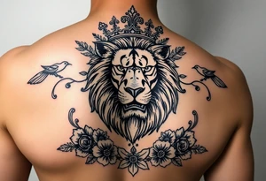 powerful majestic lion with a crown, surrounded by floral ornaments and birds tattoo idea