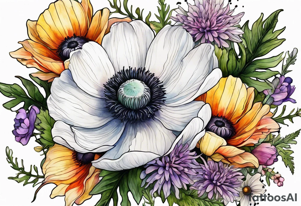 a white anemone with black center with equal sized mixed colorful wildflowers all with different shapes including thistles, ferns, ranuculus, and sun flowers all in watercolor tattoo idea