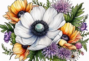 a white anemone with black center with equal sized mixed colorful wildflowers all with different shapes including thistles, ferns, ranuculus, and sun flowers all in watercolor tattoo idea