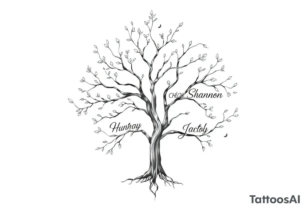 family tree tattoo with names sophie, chloe, shannon, hannah, hunter, jacob and declyn tattoo idea