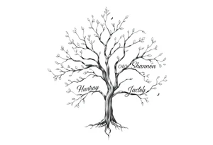 family tree tattoo with names sophie, chloe, shannon, hannah, hunter, jacob and declyn tattoo idea