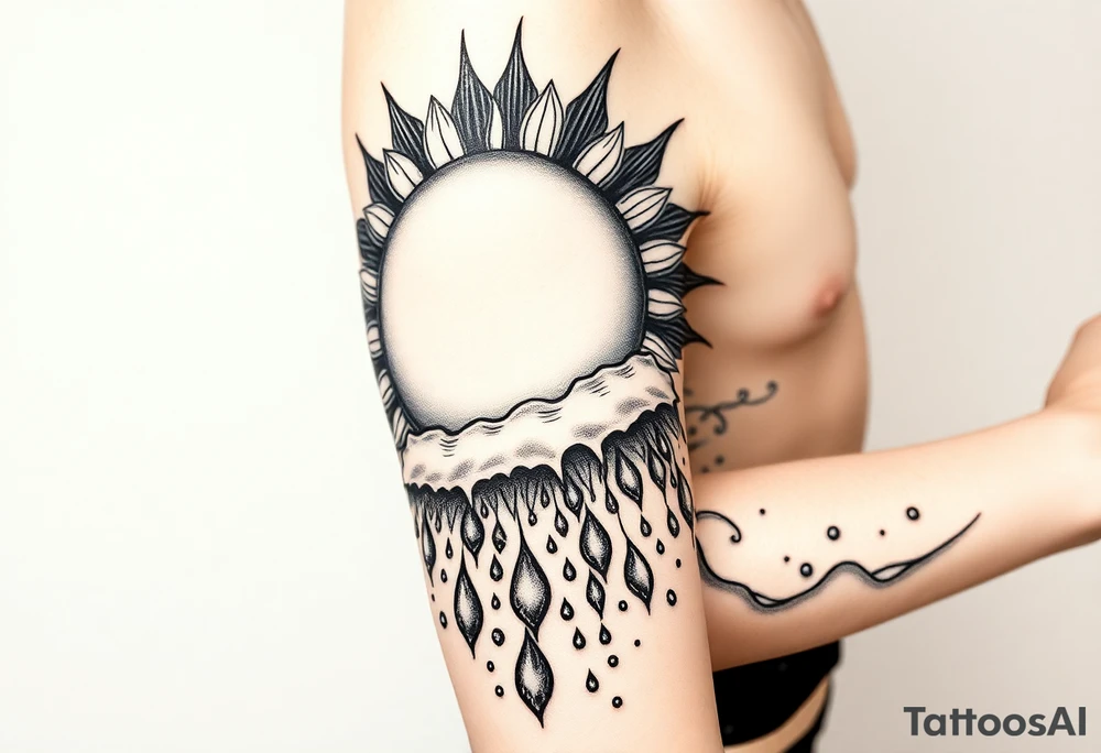 A large sun melting a snow flake and the snow flakes turning into rain drops as it rains down tattoo idea