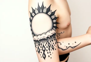 A large sun melting a snow flake and the snow flakes turning into rain drops as it rains down tattoo idea