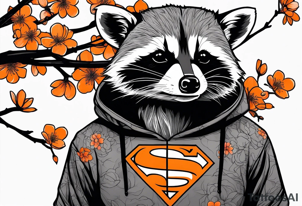 raccoon wearing a black and white Superman hoodie and orange Japanese cherry blossoms tattoo idea