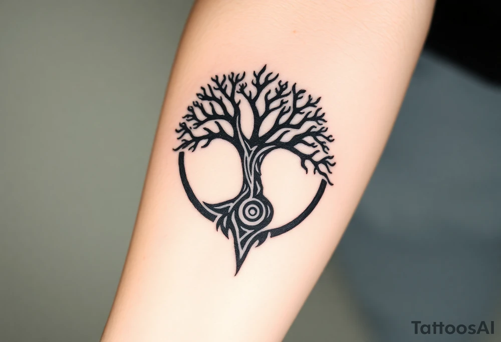Tree encircled in a spiral circle coming from the center of the tree tattoo idea