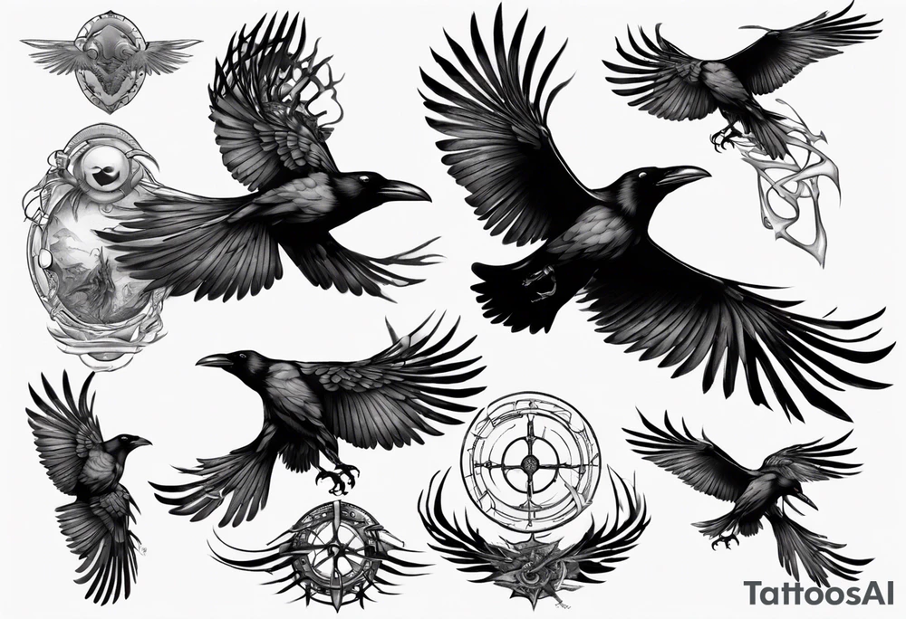 raven flying toward foreground tattoo idea