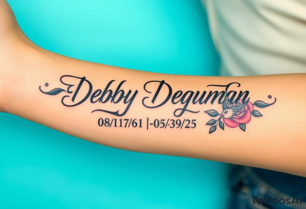 Tattoo of the exact name Debby Deguzman in chunky bold curly cursive with the exact dates of 08/17/61-05/29/25 surrounded by 1 hummingbird and 1 rose tattoo idea