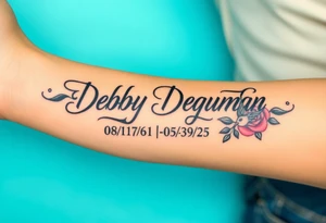 Tattoo of the exact name Debby Deguzman in chunky bold curly cursive with the exact dates of 08/17/61-05/29/25 surrounded by 1 hummingbird and 1 rose tattoo idea