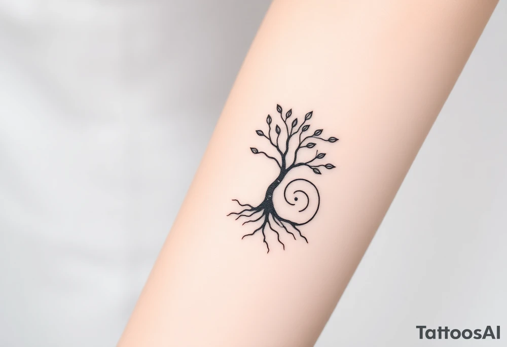 A tree with few leaves, with an outward spiral line (moving to the right), as its roots, encircling the entire tree tattoo idea